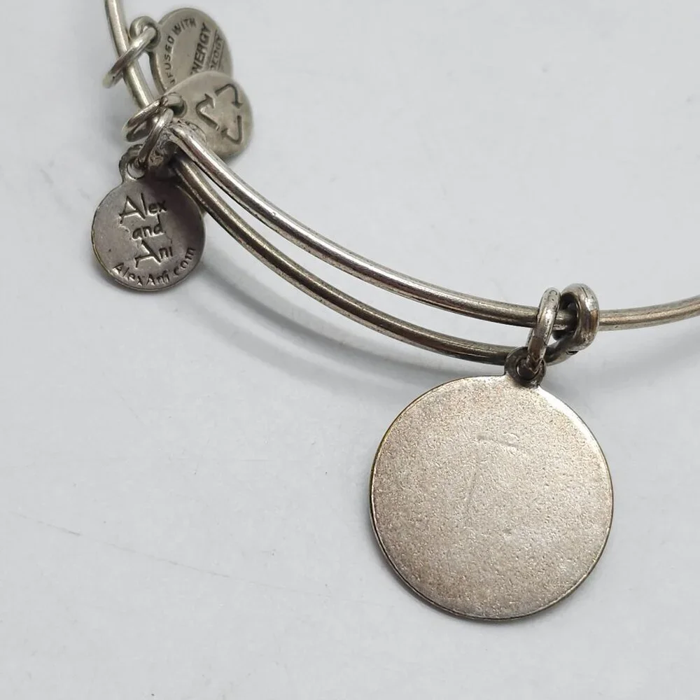 Alex and Ani Women's T Initial Charms Bangle Bracelet Silver Tone Adjustable
